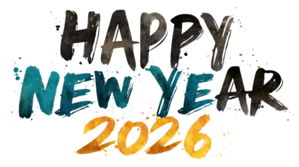 Happy new year 2026 text art isolated on transparent background