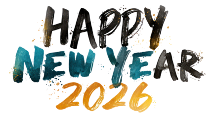 Happy new year 2026 text with abstract colorful design isolated on transparent background