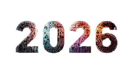 Year 2026 text with abstract colorful patterns isolated on transparent background