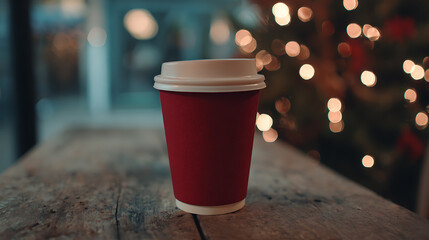 Festive vibes with a red takeout coffee cup on a rustic wooden table. Bokeh lights twinkle in the background, evoking a cozy holiday mood. Perfect for a chilly day!