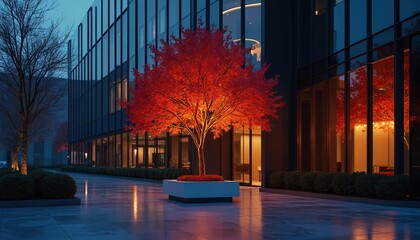 Modern glass office building exterior at dusk. Bright red tree glows in white planter on paved plaza. Bare trees and bushes line sleek corporate architecture, reflecting warm light on wet ground.