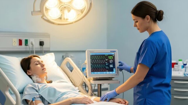 Nurse monitors patient's health and vital signs in a hospital setting after treatment