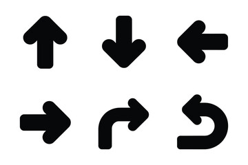 Collection of six black directional arrows on a white background