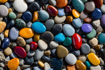 Sunset Beach Scene with Shiny Multicolored Stones and Soft Ocean Waves
