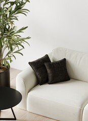  Minimalistic interior in cloud dancer trend color of the year 2026. White black contrast palette design and empty background wall. Accent cushions black as decorative details. 3d render