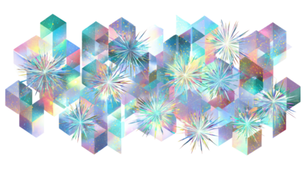 Abstract geometric crystal cluster with iridescent colors isolated on transparent background