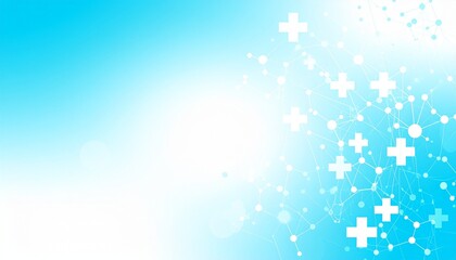 Light blue medical abstract background with hexagonal molecule network and plus signs.