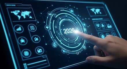 Hand touching 2026 year icon on futuristic digital display, business technology and digital transformation concept