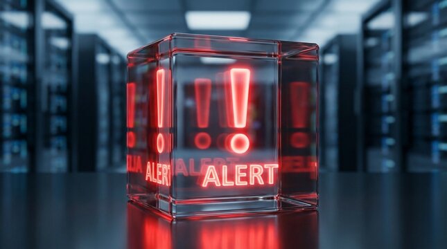 Cybersecurity alert in data center, glass cube warning