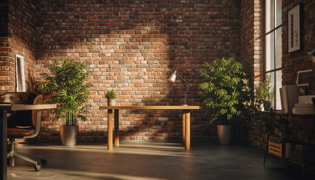 A sunlit industrial-style office space with exposed brick walls, a wooden desk, and lush green potted plants. - Powered by Adobe