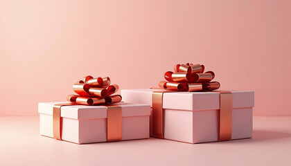Obraz premium Pink gift boxes with decorative bows on pastel pink background with copy space for text