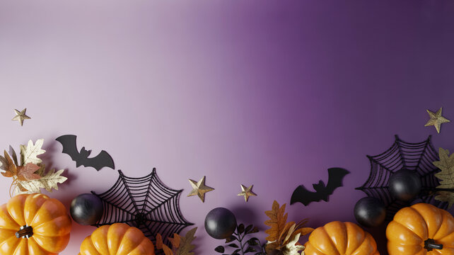 Halloween festive flat lay background with pumpkins bats and spider webs