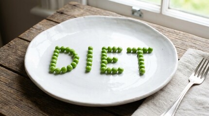 Green peas spelling DIET on white plate on rustic wood table