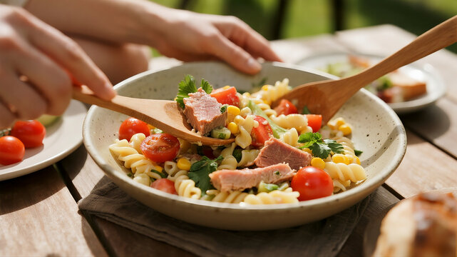 A faceless person's hands toss a colorful tuna pasta salad with wooden servers in a large ceramic bowl during a sunny outdoor lunch