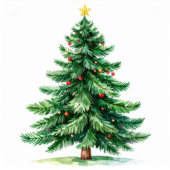 Fototapeta premium Watercolor painting of festive fir tree, hand-drawn style, isolated on white, branches and ornaments