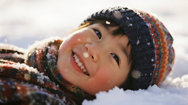 A happy child's face is illuminated by soft winter sunlight as they look up in wonder at falling snowflakes while lying in fresh powder - Powered by Adobe