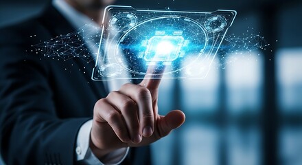 Businessman on blurred background using digital technological interface with car sketch hologram, representing the future of driving