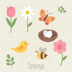 Cute Spring Elements Vector Set, perfect for seasonal greeting cards, children s projects, stickers, posters, and spring holiday decorations.