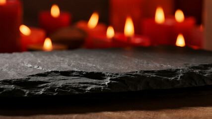A textured dark slate surface lies empty ready for product display against a dramatic background of blurred red and orange candlelight bokeh
