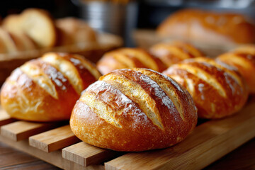 Freshly Baked Bread Rolls on a Wooden Board