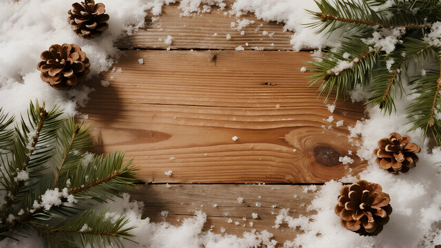 A top-down view shows a rustic wooden surface framed by fresh snow and pine branches with ample copy space in the center - Powered by Adobe