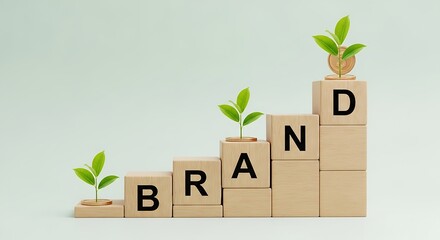 Brand growth concept showing wooden blocks with letters and green plants isolated on white background