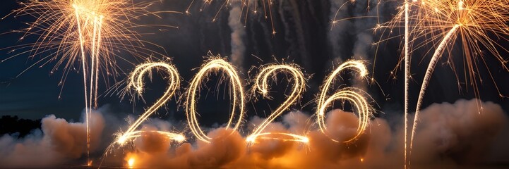 Celebrating the year 2026 with fireworks display in the night sky
