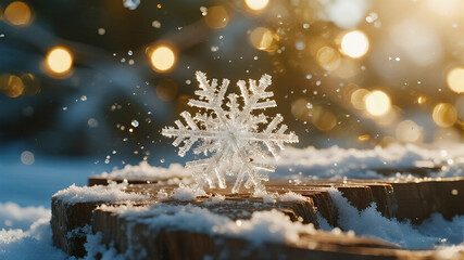 An abstract macro photograph captures delicate snowflakes melting on warm textured wood grain illuminated by festive golden light