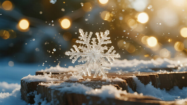 An abstract macro photograph captures delicate snowflakes melting on warm textured wood grain illuminated by festive golden light