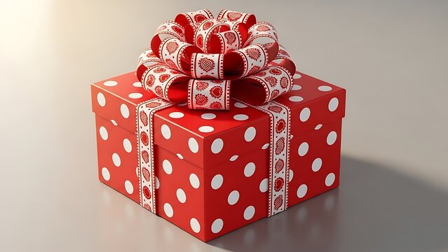 Festive red gift box with white polka dots and decorative ribbon bow - Powered by Adobe
