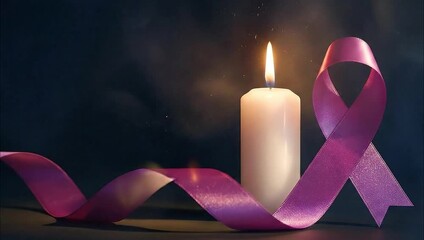 Lit candle and purple ribbon symbolizing cancer awareness and remembrance