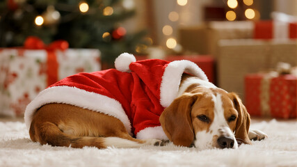 An adorable dog wearing a Santa costume sleeps soundly on a fluffy rug next to a Christmas tree bathed in golden holiday light