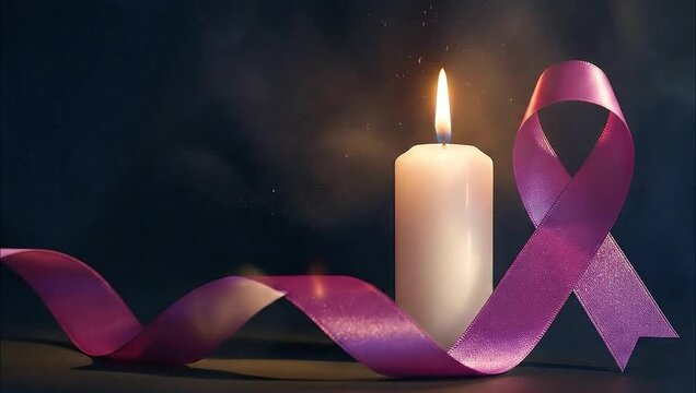 Lit candle and purple ribbon symbolizing cancer awareness and remembrance - Powered by Adobe