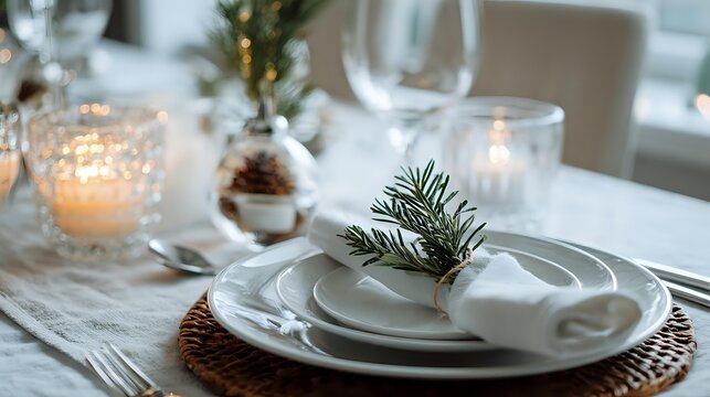 Elegant table setting with white plates linen napkin and rosemary sprig for a festive holiday dinner or special occasion celebration activities