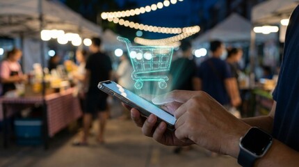 Person using smartphone with holographic shopping cart at night market