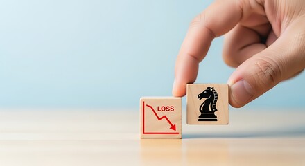 Hand placing wooden blocks with a loss graph and a chess knight, symbolizing strategic decisionmaking in challenging situations