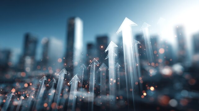 Rising Arrows: An upward surge of arrows ascend against the backdrop of an urban landscape, symbolizing growth, progress, and ambition.