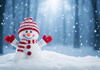 Cheerful smiling toy snowman in a red hat and scarf with heart mittens in the snow