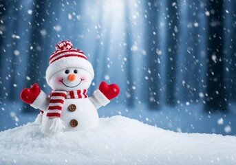 Cheerful smiling toy snowman in a red hat and scarf with heart mittens in the snow