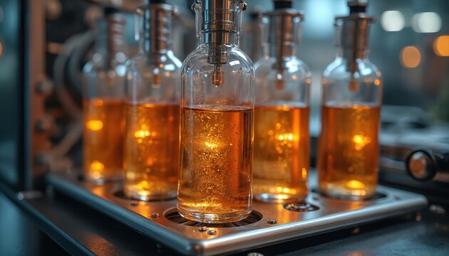 Illustration shows liquid immersion cooling tech. Transparent glass bottles contain liquid. System part of innovative tech solutions for data centers. Industrial apparatus. Modern engineering for
