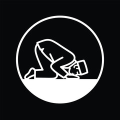 Muslim pray in sujood position inside circle outline flat white line art vector illustration for qibla direction