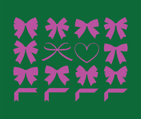 Assortment of magenta ribbon bows and decorative corner elements in various designs on a green background