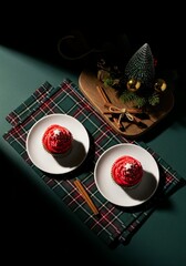 Two red Christmas desserts on a plaid napkin with festive decorations