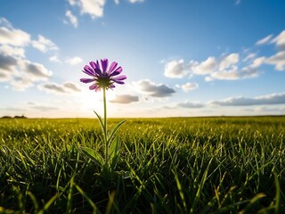 Lone purple flower blooming in a vast green field under a bright blue sky