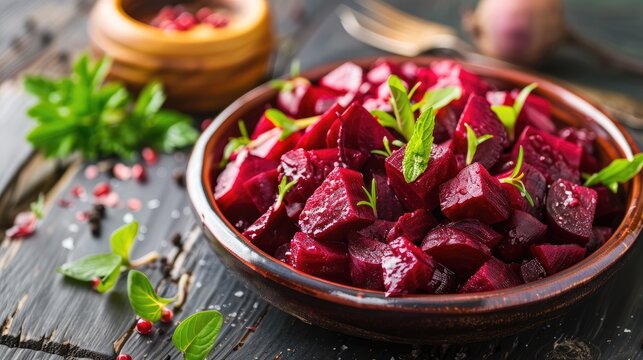Bright beetroot salad with herbs and seasonings in a cup on the table.