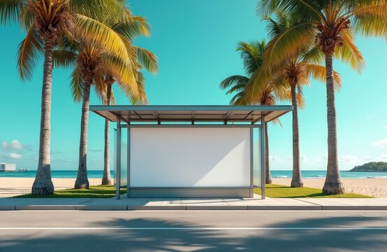 Blank billboard at modern bus stop stands by empty road. Tall palm trees grow near beach with blue ocean water, white sand. Bright sun shines on tropical summer day. Street space ideal for ad - Powered by Adobe