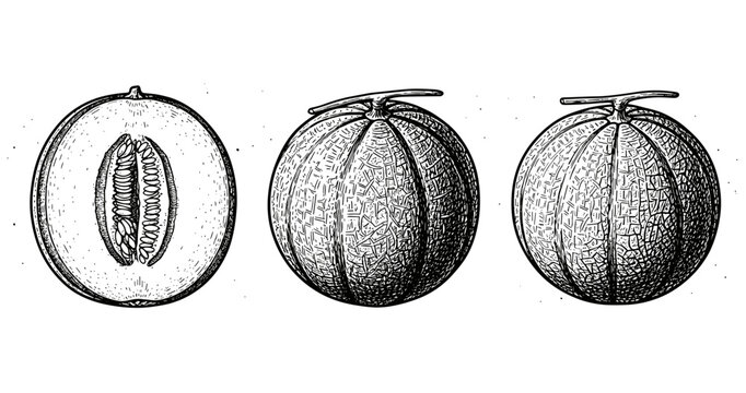 Hand-drawn cantaloupe illustrations in black and white, featuring whole and halved melons