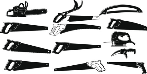 Diverse Set of Hand Saws, Chainsaw, Pruning Saws, and Jigsaw Vector Icons for Carpentry, Woodworking, and Gardening.