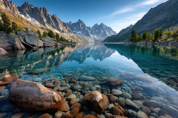 Crystal clear alpine lake reflecting majestic mountain peaks