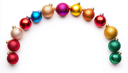 arch of colorful christmas decorative balls isolated on white background